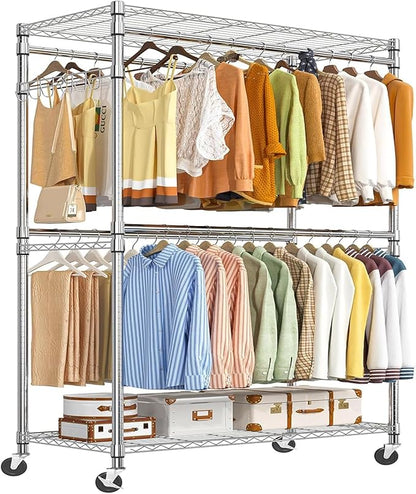 Simple Trending Heavy Duty Clothes Rack Clothing Rack with Wheels and 4 Hanging Rods, Adjustable Rolling Garment Racks, Load 560 LBS, Chrome