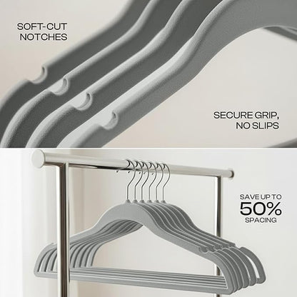 Utopia Home Velvet Hangers 150 Pack – Luxury Non-Slip Slim Pant & Coat Hangers, Strong Space-Saving Clothes Hangers with Pants Bar and 360° Swivel Hook – Grey