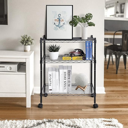 SUPER DEAL 3-Shelf Adjustable Heavy Duty Storage Wire Shelving Unit with Wheels, Metal Organizer Wire Rack Microwave Utility Cart, Black (24L x 14W x 31H)