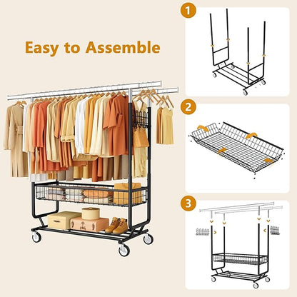 Heavy Duty Clothes Rack with Metal Basket, 720 LBS Rolling Double Rod Garment Rack, Portable Extendable Clothing Rack with Wheel for Bedroom, Laundry Room & Retail Store
