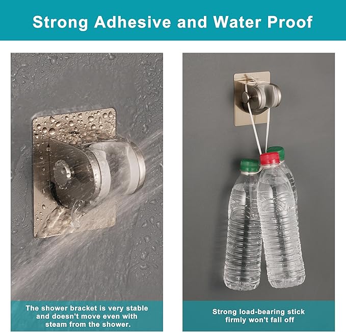 Handheld Shower Head Holder with 2 Hanger Hooks,Strong Adhesive&Waterproof No Drilling Wall Mount Shower Bracket for RV and Kids&Elders,Install Any Height&Fix Firmly,Brushed Nickel
