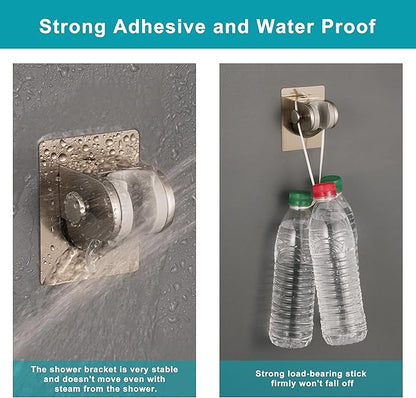 Handheld Shower Head Holder with 2 Hanger Hooks,Strong Adhesive&Waterproof No Drilling Wall Mount Shower Bracket for RV and Kids&Elders,Install Any Height&Fix Firmly,Brushed Nickel
