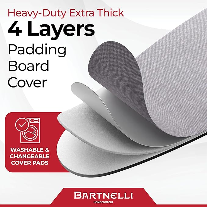 Bartnelli Extreme Stability Ironing Board 43x13 Upgraded Heavy-Duty Metal Frame & Iron Rest, Height Adjustable, Foldable, 4 Non-Skid Feet, 4-Layer Cover & Pad, Made with Patent European Engineering