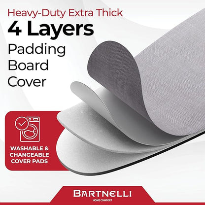 Bartnelli Extreme Stability Ironing Board 43x13 Upgraded Heavy-Duty Metal Frame & Iron Rest, Height Adjustable, Foldable, 4 Non-Skid Feet, 4-Layer Cover & Pad, Made with Patent European Engineering