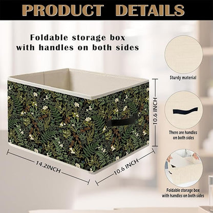 Dark Green Floral Botanical Storage Bin Box with Handles, Rustic Cottagecore Flower Fern Plant Foldable Organizer Basket Toybox for Home Bedroom Bathroom Clothes Toys Books