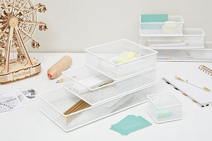 Annova Mesh Stackable Drawer Cabinet and Shelf Organizer Bins Storage Basket School Office Supply Holder Tray- Set of 2 (White, 6x6x2 Inch)