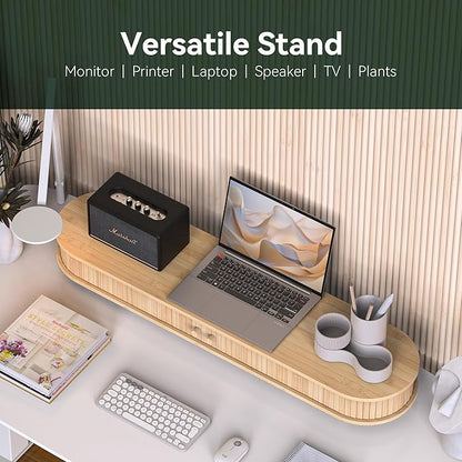 Bamboo Dual Monitor Stand with Storage, Curved Double Computer Laptop Stand Desk Shelf Organizer with Sliding Doors (42 inch)