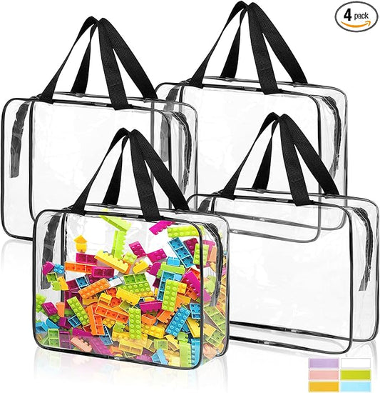 4 Pack Toy Storage Bags, Clear PVC Toy Organizer with Zipper, Large Black Waterproof Reusable Toy Bags with Labels for Puzzles, Building Blocks, Board Game, Stationery, Kids Books