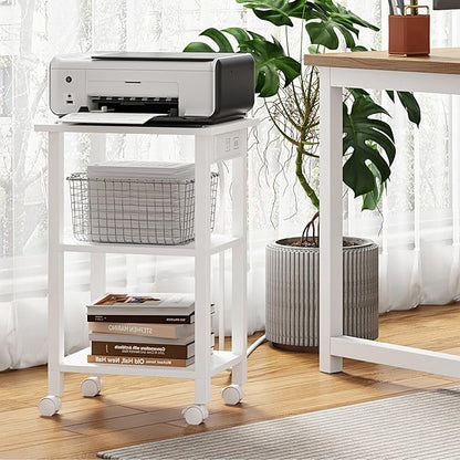 TUTOTAK 3 Tier Printer Stand, Rolling Printer Cart with Power Outlets and USB Ports, Mobile Printer Table with Wheels, for Under Desk, Office, Home, White PS02BW001