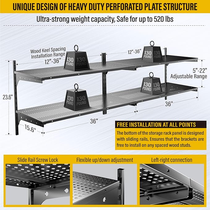 2-Pack×2 Tier 1.3x3ft Garage Shelving Wall Mounted, 15.6x36inch per Shelf Height Cassette Adjustable Floating Shelves（Total 4pcs）(Black)