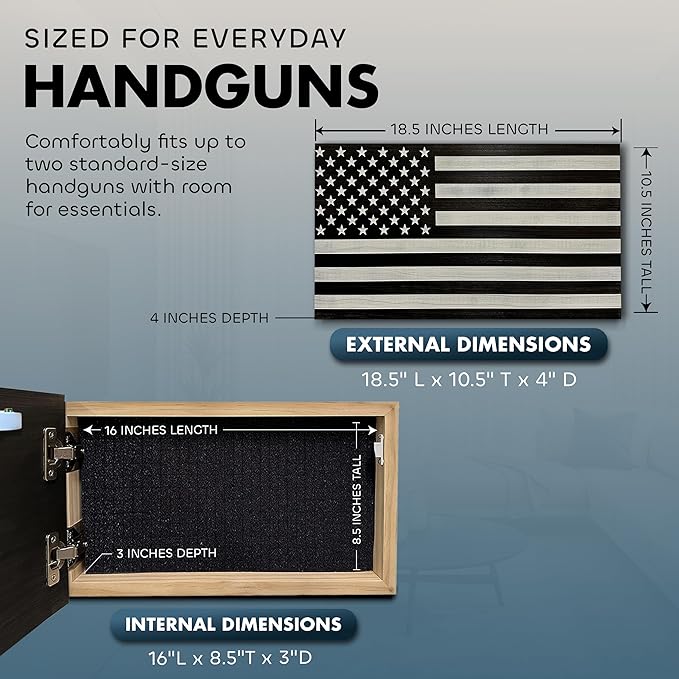 American Flag Hidden Gun Safe - Quick Access Hidden Gun Shelf - Concealment Shelf with Magnetic Lock - Wall Gun Safe for Secure Firearm Storage - by Bellewood Designs (Black & White Distressed)