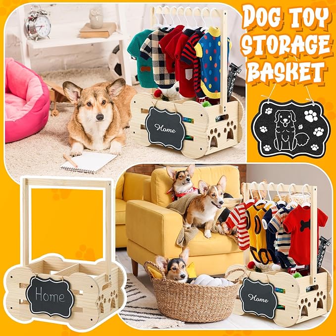 Wooden Dog Wardrobe Closet 20"x15"x9" Pet Goose Outfit Toy Storage Basket Crate with Hanging Rod Bone Shape Organizer Closet for Dog Toy Clothes Accessories with 8 Hanger 10 Clip 1 Small Blackboard