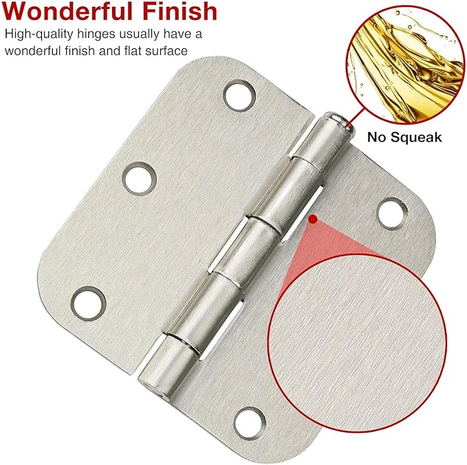 18 Pack Brushed Nickel Door Hinges 3 1/2 Inch Interior Door Hinges 3.5 Inch Rounded 5/8” Radius Corners No-Squeak Sturdy Flat Iron Construction Standard Residential Hardware for Bedroom Home Indoor