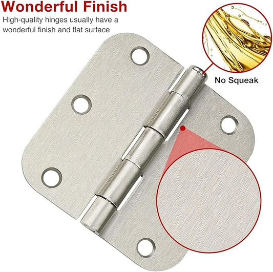 18 Pack Brushed Nickel Door Hinges 3 1/2 Inch Interior Door Hinges 3.5 Inch Rounded 5/8” Radius Corners No-Squeak Sturdy Flat Iron Construction Standard Residential Hardware for Bedroom Home Indoor