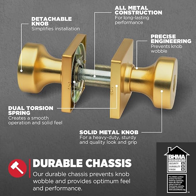 Kwikset Pismo Entry Door Knob with Lock and Key, Secure Keyed Handle Exterior, Front Entrance and Bedroom, Satin Brass, 10 Pack, Pick Resistant SmartKey Rekey Security