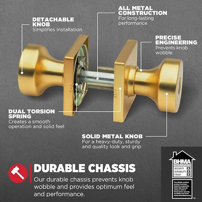 Kwikset Pismo Entry Door Knob with Lock and Key, Secure Keyed Handle Exterior, Front Entrance and Bedroom, Satin Brass, 10 Pack, Pick Resistant SmartKey Rekey Security
