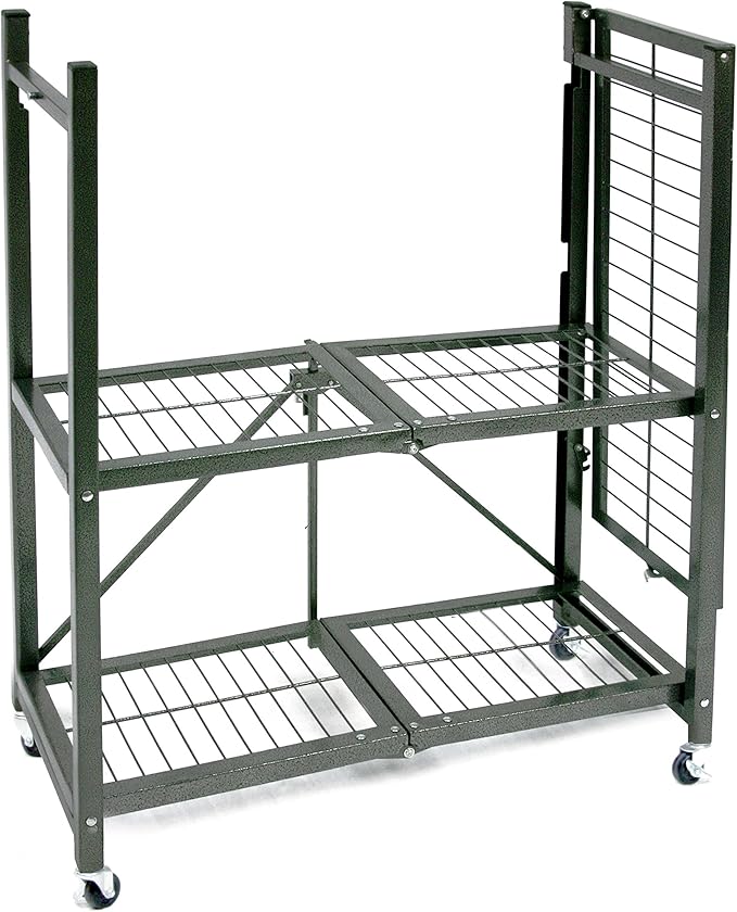 Origami 2 Pack 3 Tier Folding Shelves, Storage Shelving Rack Unit with Wheels, Pewter