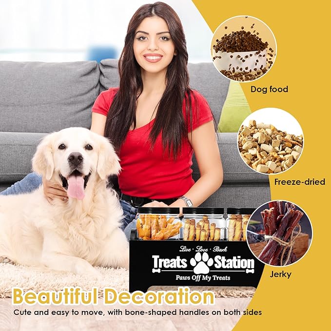 Dog Treat Container, Food Storage Container with 3 Plastic Dog Treat Jars, Reusable Cat Treat Container, Pet Treat Storage Organizer, Wood Dog Treat Holder, Dog Food Container for Dog Cat(black)