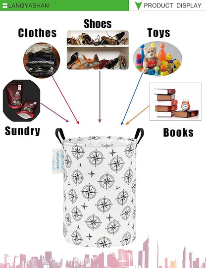 LANGYASHAN Laundry Basket Canvas Fabric Collapsible Organizer Basket for Storage Bin Toy Bins Gift Baskets Bedroom Clothes Children Nursery Hamper (Black Compass)