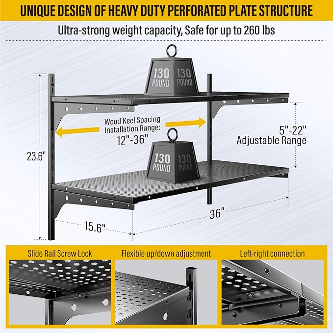 2 Tier 1.3x3ft Garage Shelving Wall Mounted, 15.6x36inch per Shelf Height Cassette Adjustable Floating Shelves(Black)