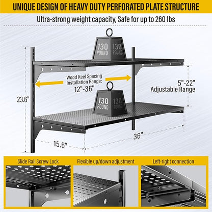 2 Tier 1.3x3ft Garage Shelving Wall Mounted, 15.6x36inch per Shelf Height Cassette Adjustable Floating Shelves(Black)