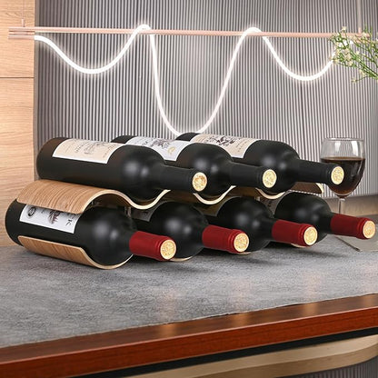 Countertop Wine Rack - 7 Bottle Freestanding Wine Bottle Holder Stand - 2 Tier Wooden Wine Storage Rack - Wavy Wine Organizer for Cabinet Pantry Home Kitchen Bar