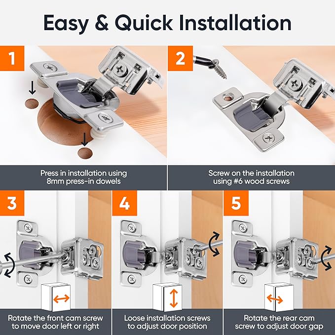 Decobasics 100 Pack Soft Close Cabinet Hinges – 1" Overlay for Kitchen Cabinet Doors, Face Frame Concealed Hidden Hinges – Stainless Steel, Self-Closing with 3-Way Adjustment & Slow Close Damper
