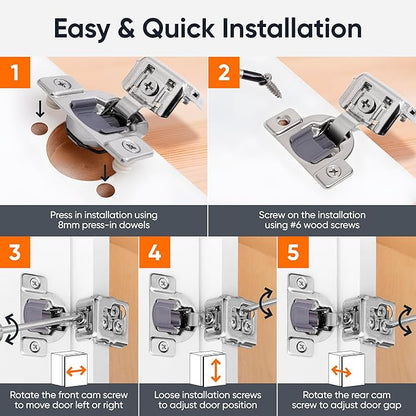 Decobasics 40 Pack Soft Close Cabinet Hinges 1-1/4" Overlay for Kitchen Cabinet Doors, Slow Self-Closing Concealed Hidden Hinges for Face Frame –Stainless Steel, 3-Way Adjustable & Quiet Close Damper