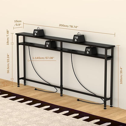 78 Inch Double-Layer Narrow Console Sofa Table with 2 Power Outlets &4 AC Plugs&4 USB Ports, 4.9' Extension Cord Included, Behind Couch Table for Living Room/Office Easy Assembly - Black