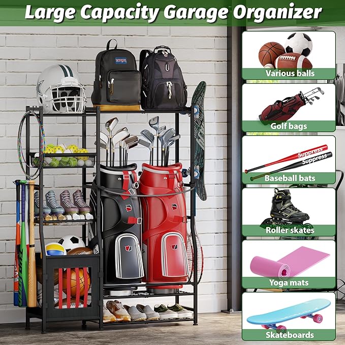 Garage Sports Equipment Organizer, Golf Bag Storage Rack, Organizer for 2 Golf Bag , Indoor/Outdoor Ball Storage Bins for Toy Sports Gear Storage, Ideal for Home, Garage, Club, Shed, Basement