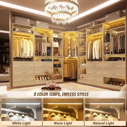 Corner Closet System with 2 Motion Sensor Lights, 39.2" Corner Closet Organizer with 12 Shelves, Closet System with 2 Hanging Rods, Versatile 6-Tier Walk-in Closet for Corner Space, White Oak