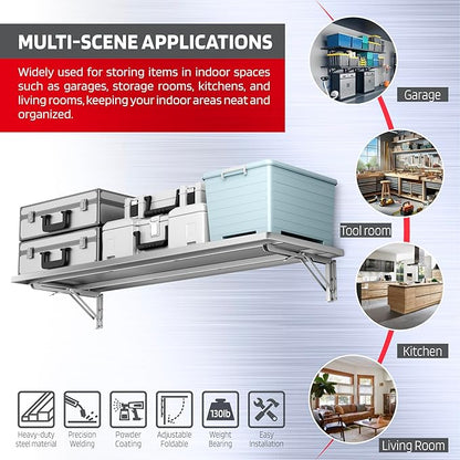 1.3x4FT Adjustable Garage Shelf Wall Mounted Fold Down Shelf Metal Heavy Duty Sliver 1Pack