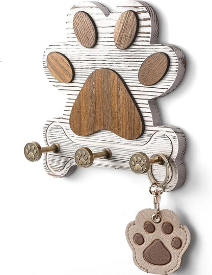 MTERSE Pine Wood Decorative Key Holder Wall Mount – Cute Dog Paw Key Hooks for Wall, Dog Leash Holder for Home Decor – Farmhouse Coat Rack for Entryway, Bedroom & Home Office (White)