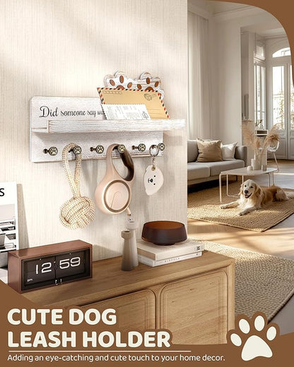 MTERSN Farmhouse Dog Leash Holder for Wall - Dog Stuff Organizer and Key Holder Wall Mount with a Floating Shelf & 6 Hooks for Home Decor - Perfect Gifts for Dogs Lovers (White)