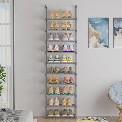 OYREL 10-Tier Metal Shoe Rack, Narrow Shoe Rack Organizer, Sturdy Shoe Shelf for Closets, Entryway, Bedroom, Garage - Silver