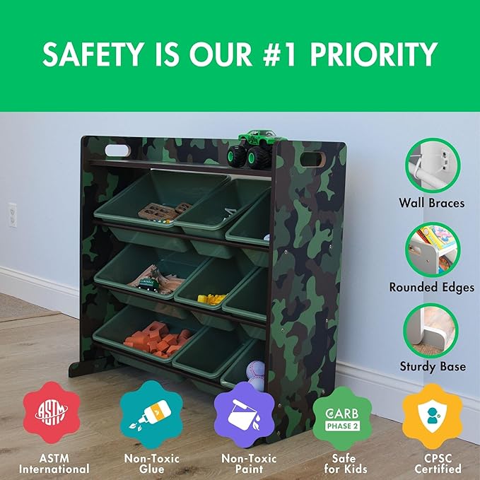 Humble Crew Toy Storage Organizer with Top Shelf and 9 Removable Bins, Camo/Army Green – Toddler Bookshelf with Toy Organizer - Modern Toy Rack Ideal for Kids' Rooms, Playrooms, and Nurseries