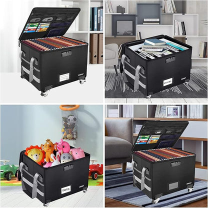 ENGPOW Fireproof Document Box with Wheels, Collapsible File Box with Lock, Rolling File Storage Organizer Filing Cabinet with Pockets, Portable Home Office Safe for Hanging Letter/Legal Folder