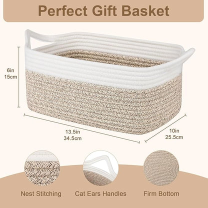 OIAHOMY Woven Basket, Gift Basket Empty with Gift Bags and Ribbons, Rope Baskets for Baby Showers, Storage Baskets with Handles for Nursery, Pet Toy Organizer - Brown & White