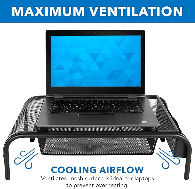 Mount-It! Metal Mesh Monitor Stand with Drawer, Ergonomic Desk Organizer and Riser for Monitors and Laptops, Desktop Stand with Extra Storage and Side Pocket, Black