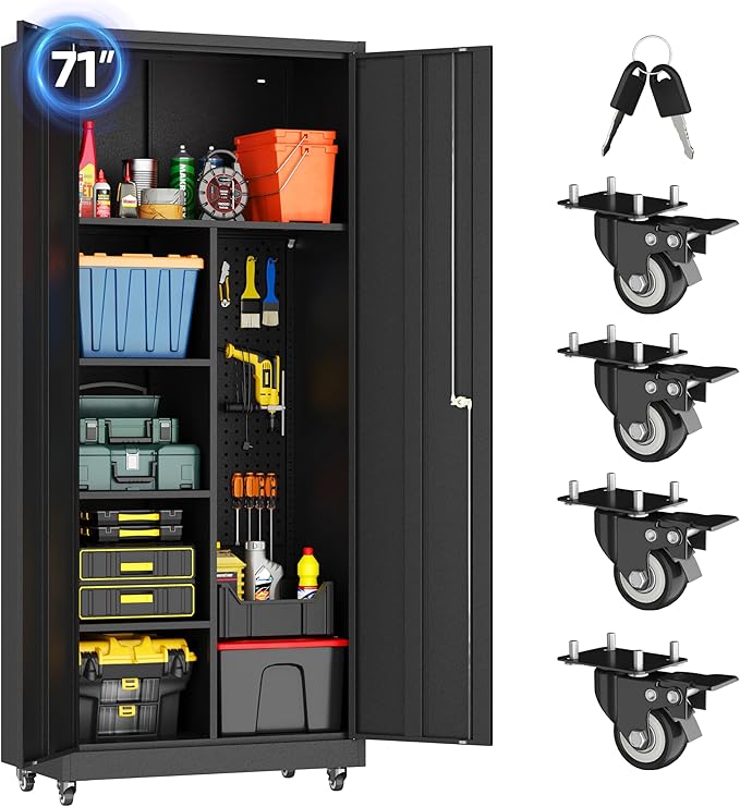 Garage Storage Cabinet with 4 Wheels,Lockable Tool Cabinets with Pegboard and 4 Adjustable Shelves,71" H Broom Closet Cabinets for Utility Room,Workshop,Black