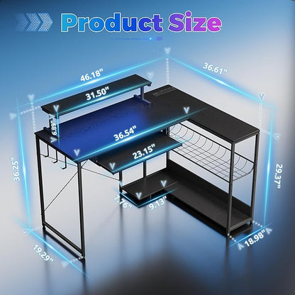 Computer Desk, L Shaped Gaming Desk with Monitor Stand & Storage Shelf & LED Light & USB Power Outlet, Reversible Shelves Corner Table with Keyboard Tray for Gaming, Home Office, Study