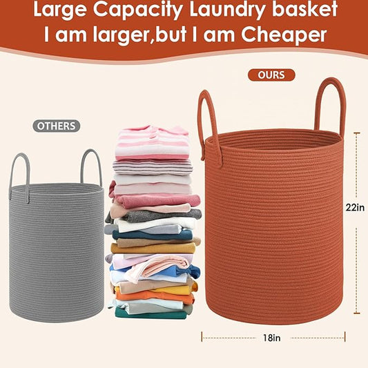 Cotton Rope Laundry Basket, Large Capacity Storage Bin with Handles, Blanket Basket for Living Room, Ribbed Texture, Brick Red, XX Large 100L