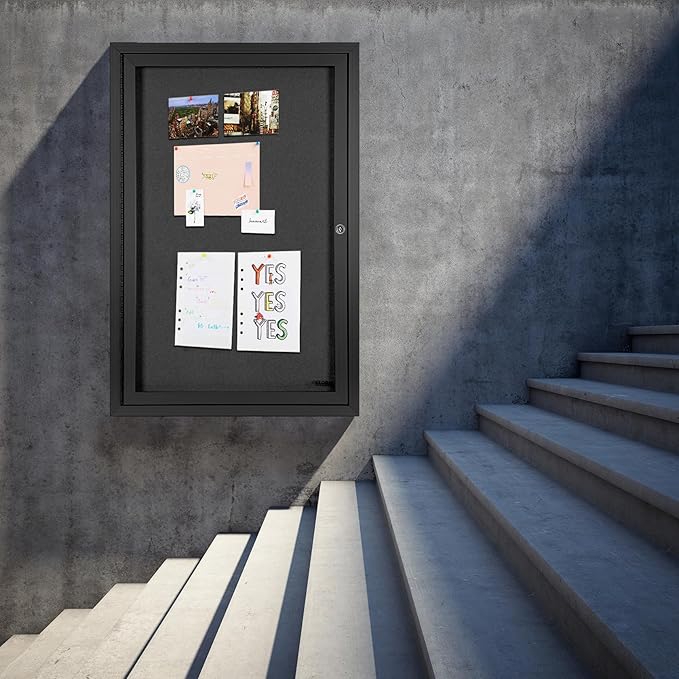 INNOVART Enclosed Bulletin Board 36” x 24”, Lockable Fabric Noticeboard with Aluminum Frame, Wall Display Case with Swing-Open Door Black Felt, Information Cabinet for School, Office, Commercial, etc