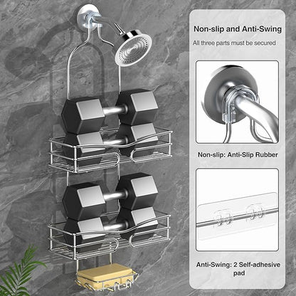 Over the Shower Head Caddy - 2-Tier Shower Caddy Hanging with 2 Movable Soap Holder, Stainless Steel Hanging Bath Organizer with High Guardrail for Bathroom, Silver