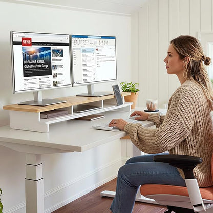 Monitor Stand Dual Monitor Stand Riser for Desk,Wood Desk Shelf Storage Organizer with Phone Tablet Holder (42.5 Inch, White & Natural Bamboo)