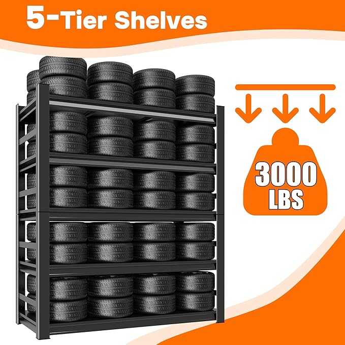 71"H*16"D Garage Storage Shelves, Metal Garage Shelving Unit 5-Tier with Fences, 3000 lbs Capacity, Adjustable Heavy Duty Rack Organizer for Basement, Pantry, Warehouse, 35 inch Wide, Black