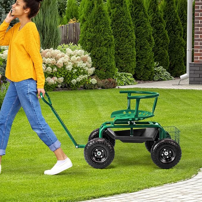 Giantex Rolling Garden Cart, 360 Swivel Workseat with 4 Wheels, Removal Cushion & Tool Tray, Storage Basket, Gardening Wagon Scooter with Adjustable Height, Handle (Green)