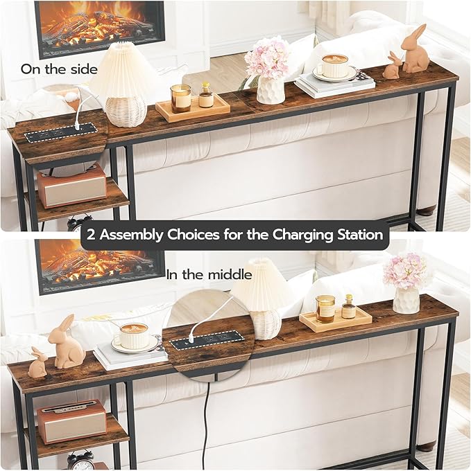 HOOBRO Console Table with Power Outlet, 63" Behind Sofa Table with Shelves, Narrow Entryway Table with Storage, Couch Table for Living Room, Hallway, Rustic Brown and Black BF164UXG01