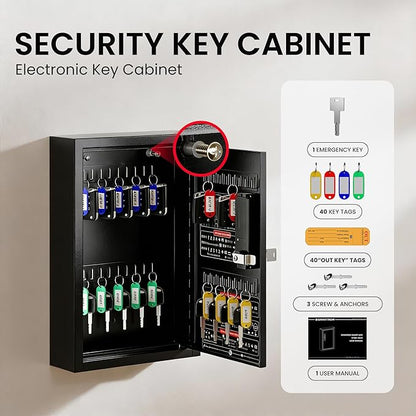 Grimtron Key Lock Box for Keys with Code, Key Box Wall Mount Cabinet, Electronic Lock, Private/Public Mode, 40 Keys, Black