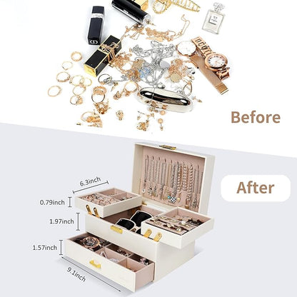 Dajasan Jewelry Organizer Box, Large Jewelry Boxes for Women Girls, Compact 3 Layers Jewelry Storage Case with Drawer, Movable Metal Stand, Modern, Gift Idea (Cloud White + Gold)
